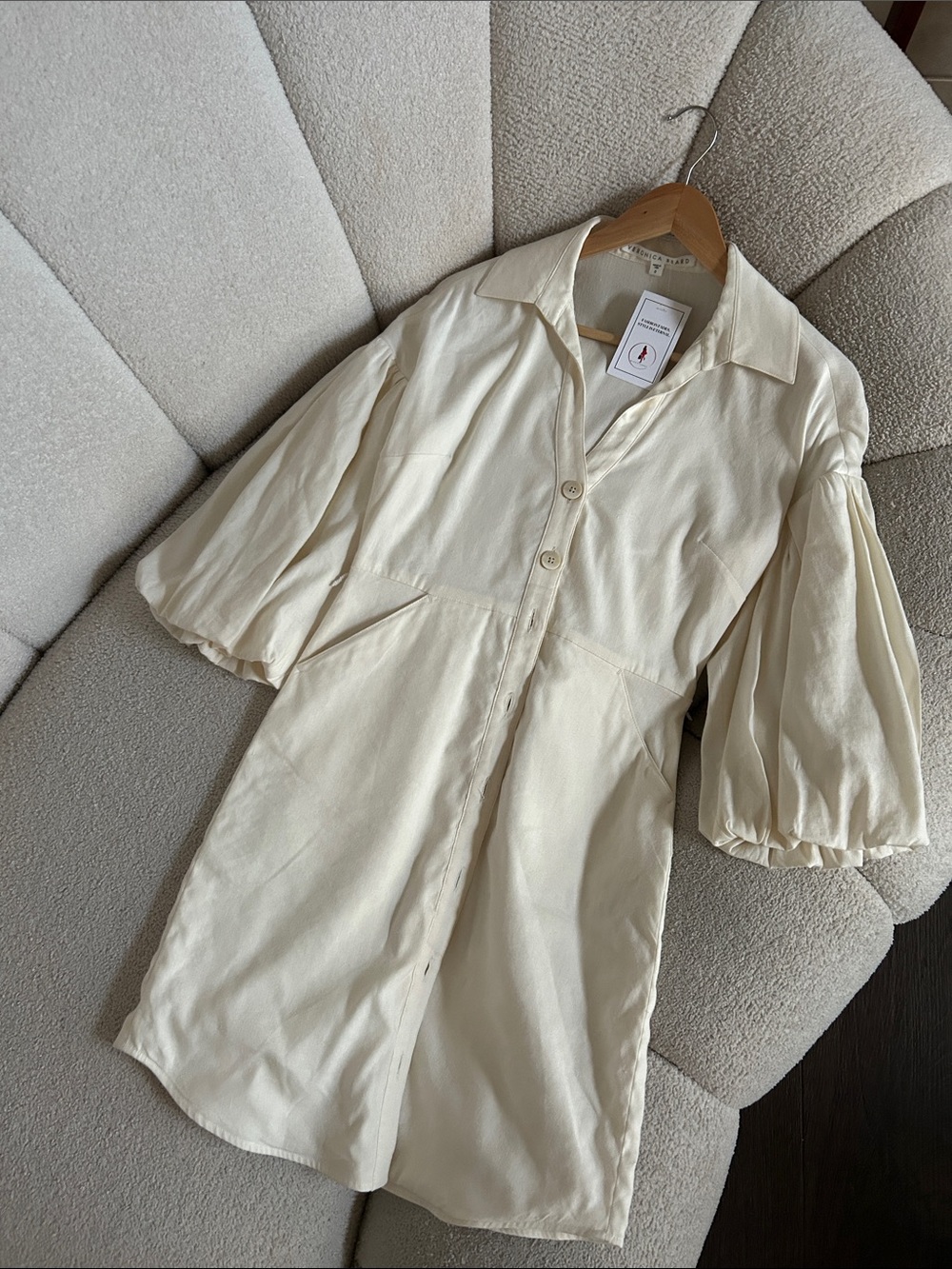 Veronica Beard Cream Button-Front Puff Sleeve Mini Dress